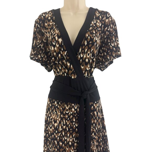Connected Black Brown Geometric Print Midi Dress w/Tie Size 22W 3X Plus Sz Fall - Picture 2 of 6